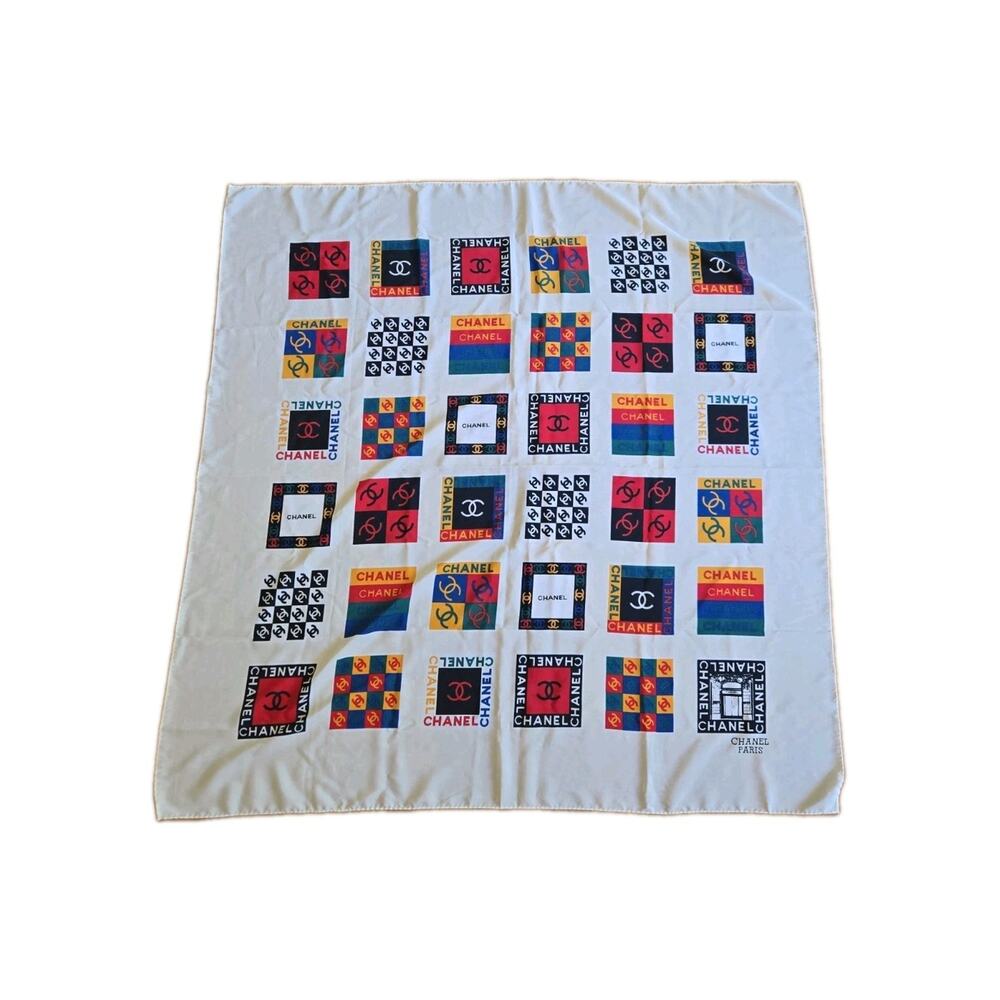 Vintage Chanel Square Scarf with Colorful Designs 33x35 Silk